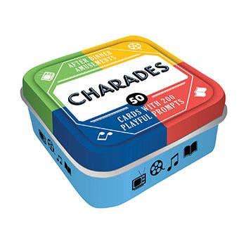 A colorful tin packaging for 'Charades' game with text indicating it includes 200 playful prompts across categories such as movies, books, and songs.