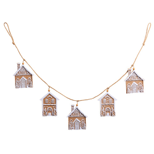 A garland of gingerbread houses with white frosting and candy decorations, strung on a gold-colored cord.