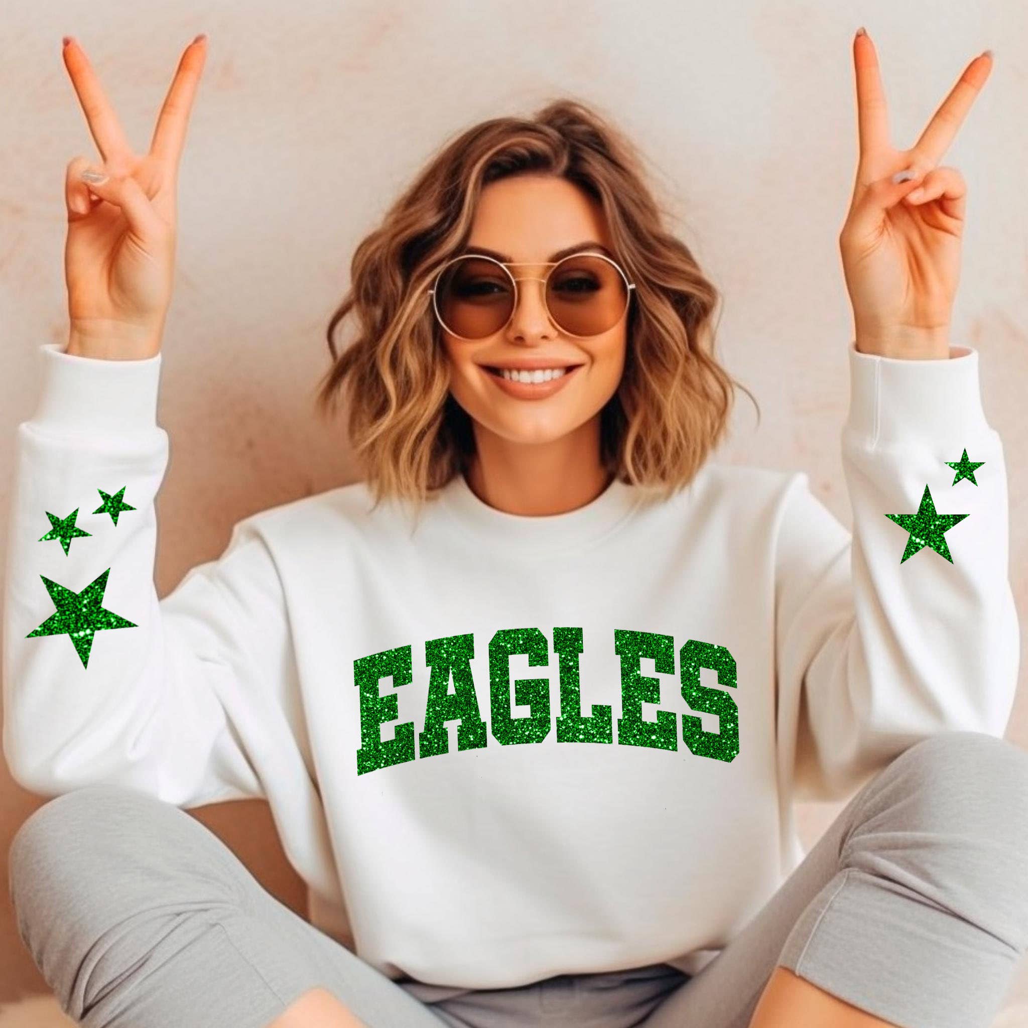 EAGLES SWEATSHIRT/ EAGLES TEAM SHIRT- GLITTER: WHITE