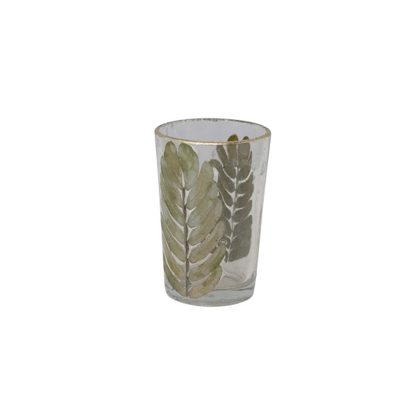 HAND-BLOWN GLASS VOTIVE HOLDER W/ EMBEDDED TAMARIND LEAVES & GOLD FOIL EDGE