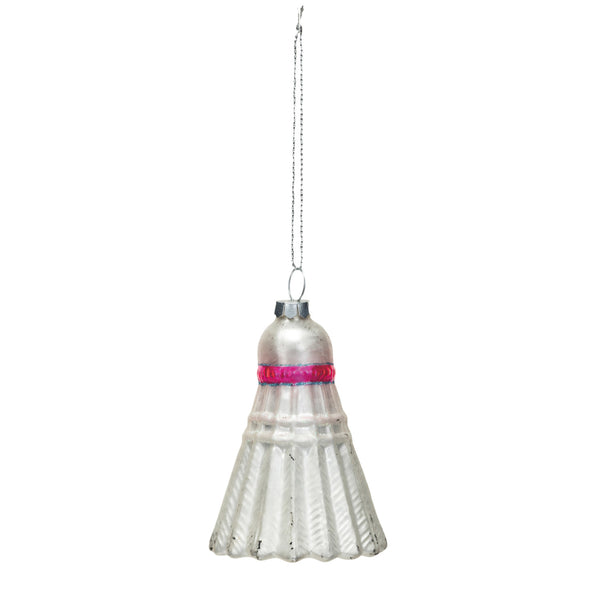 A glass badminton ornament in white and red colors with a metallic hanging loop.