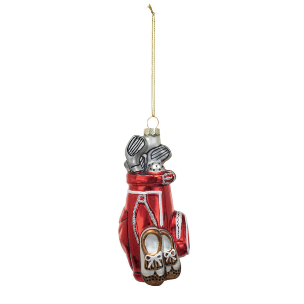 A red glass golf bag ornament with glitter, hanging from a gold-colored chain.