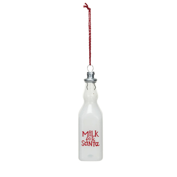 A glass milk bottle ornament with 'MILK FOR SANTA' text in red and white, hanging from a red ribbon.
