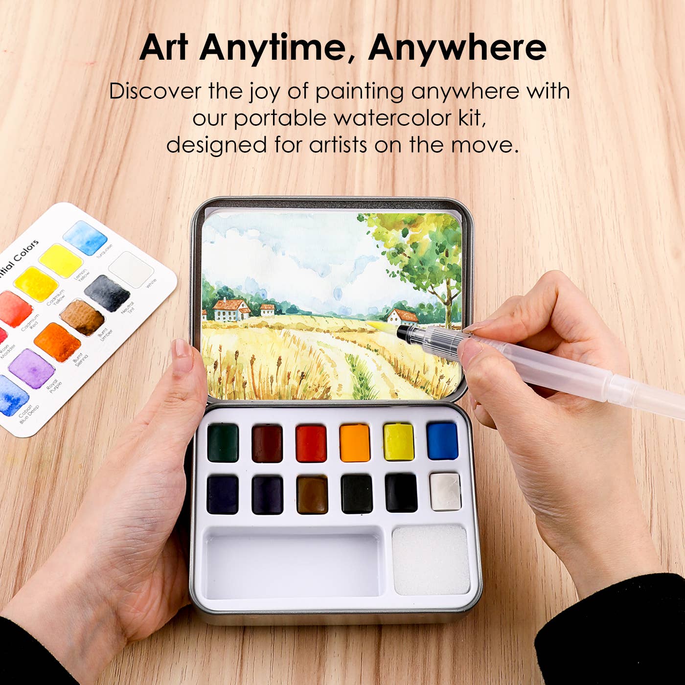 WATERCOLOR POCKET SET OF 12 WITH BRUSH - ESSENTIAL COLORS