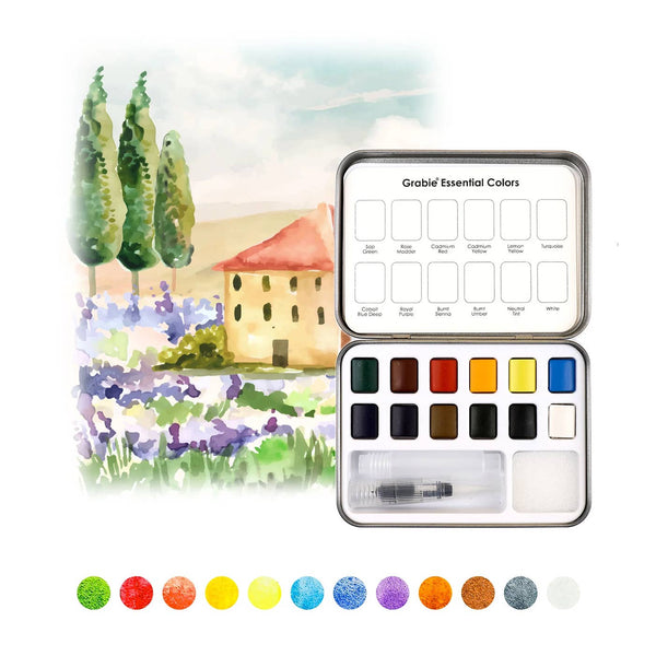 WATERCOLOR POCKET SET OF 12 WITH BRUSH - ESSENTIAL COLORS