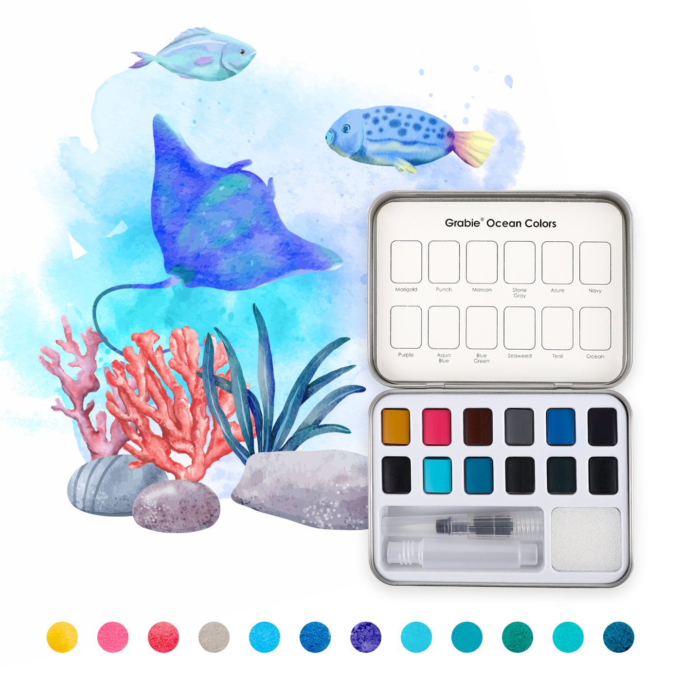 WATERCOLOR POCKET SET OF 12 WITH BRUSH - OCEAN COLORS
