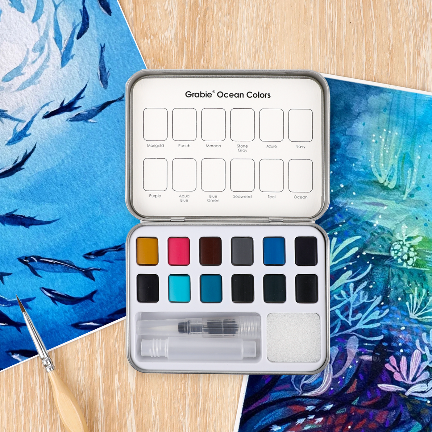 WATERCOLOR POCKET SET OF 12 WITH BRUSH - OCEAN COLORS