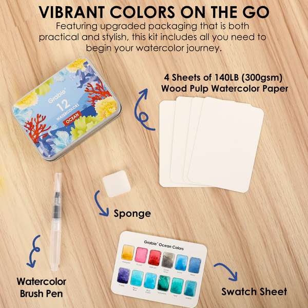 WATERCOLOR POCKET SET OF 12 WITH BRUSH - OCEAN COLORS