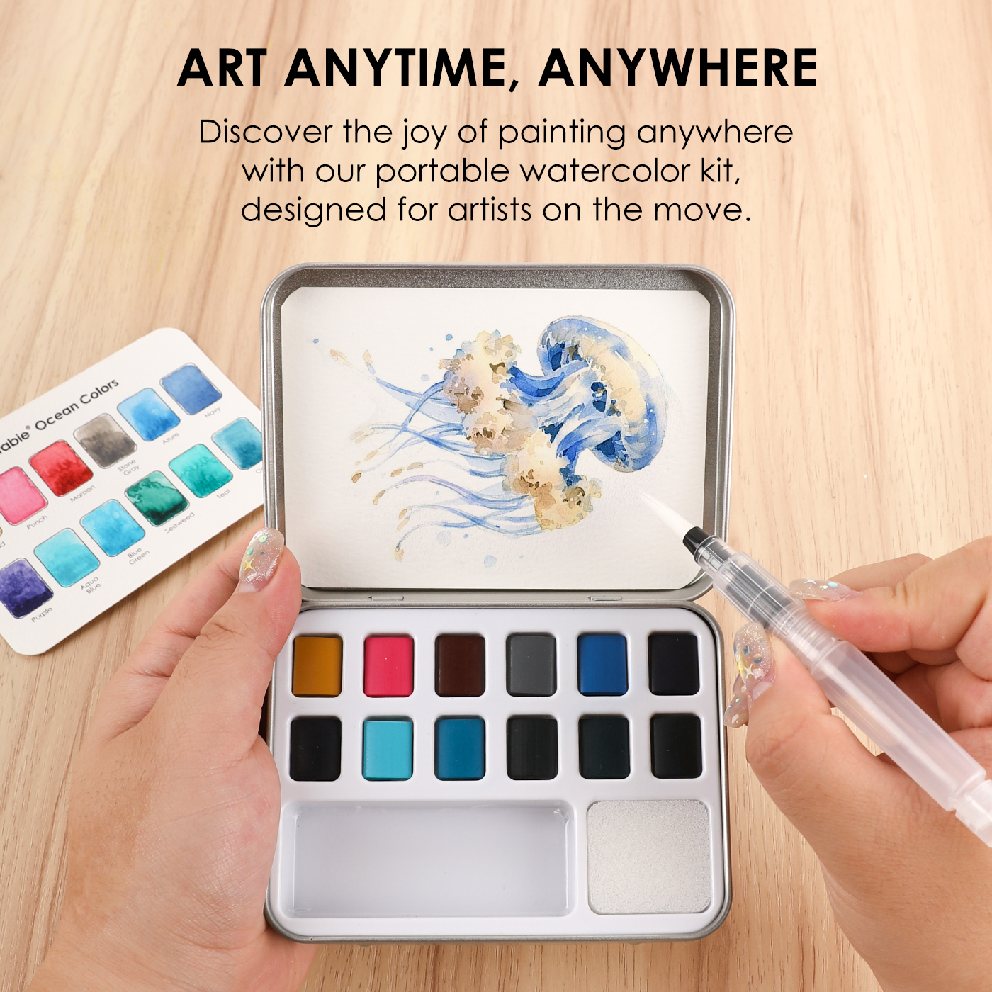 WATERCOLOR POCKET SET OF 12 WITH BRUSH - OCEAN COLORS