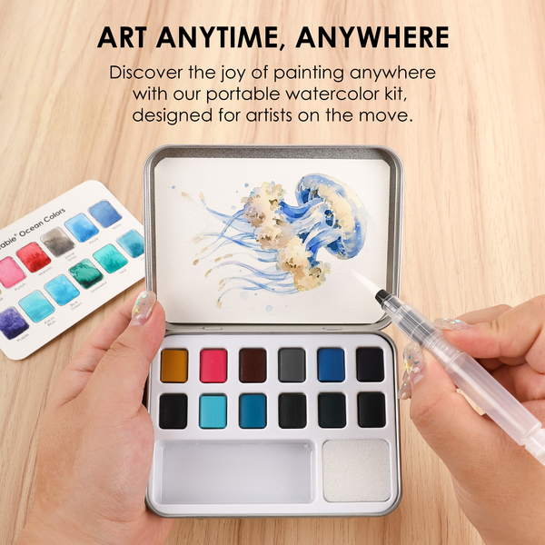 WATERCOLOR POCKET SET OF 12 WITH BRUSH - OCEAN COLORS