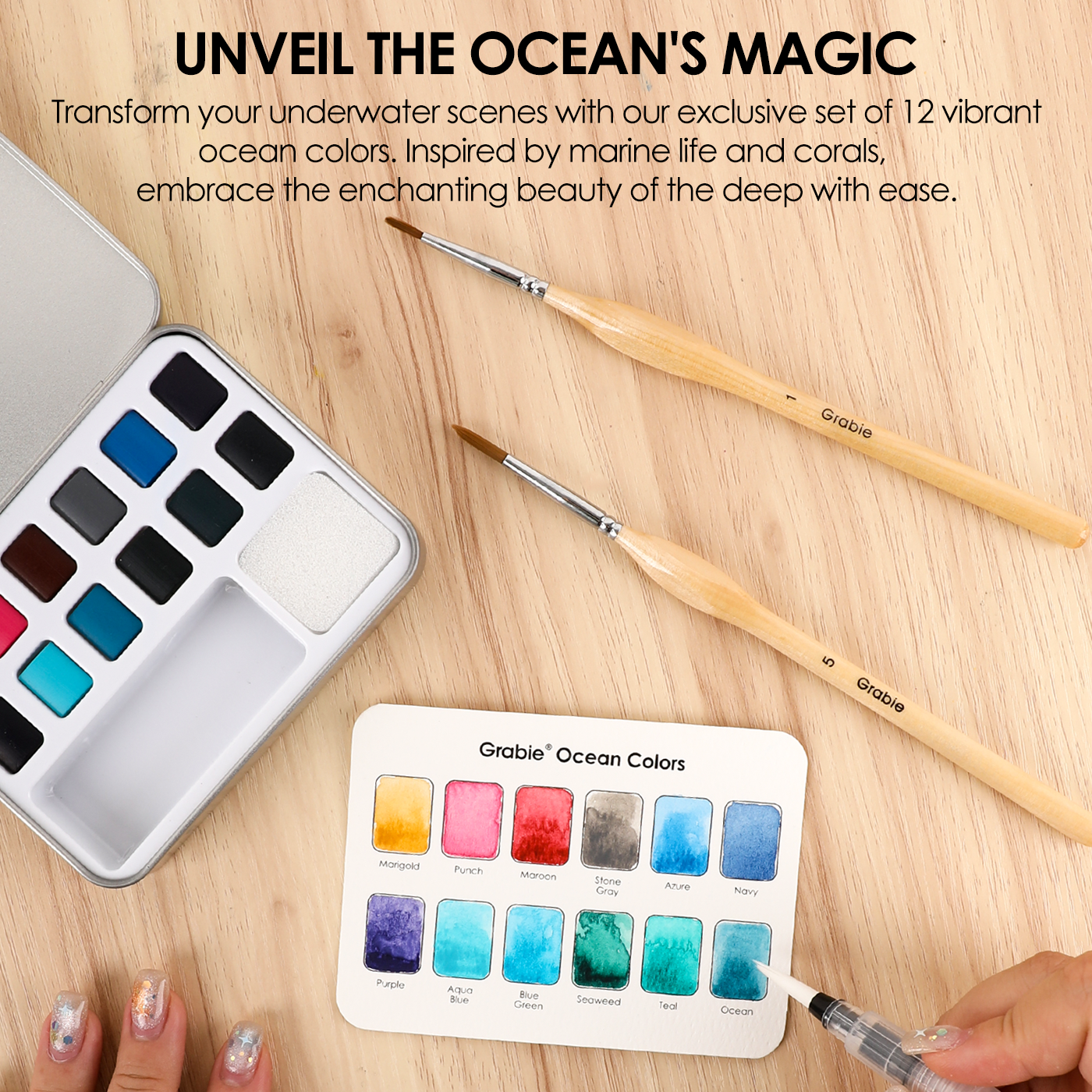 WATERCOLOR POCKET SET OF 12 WITH BRUSH - OCEAN COLORS