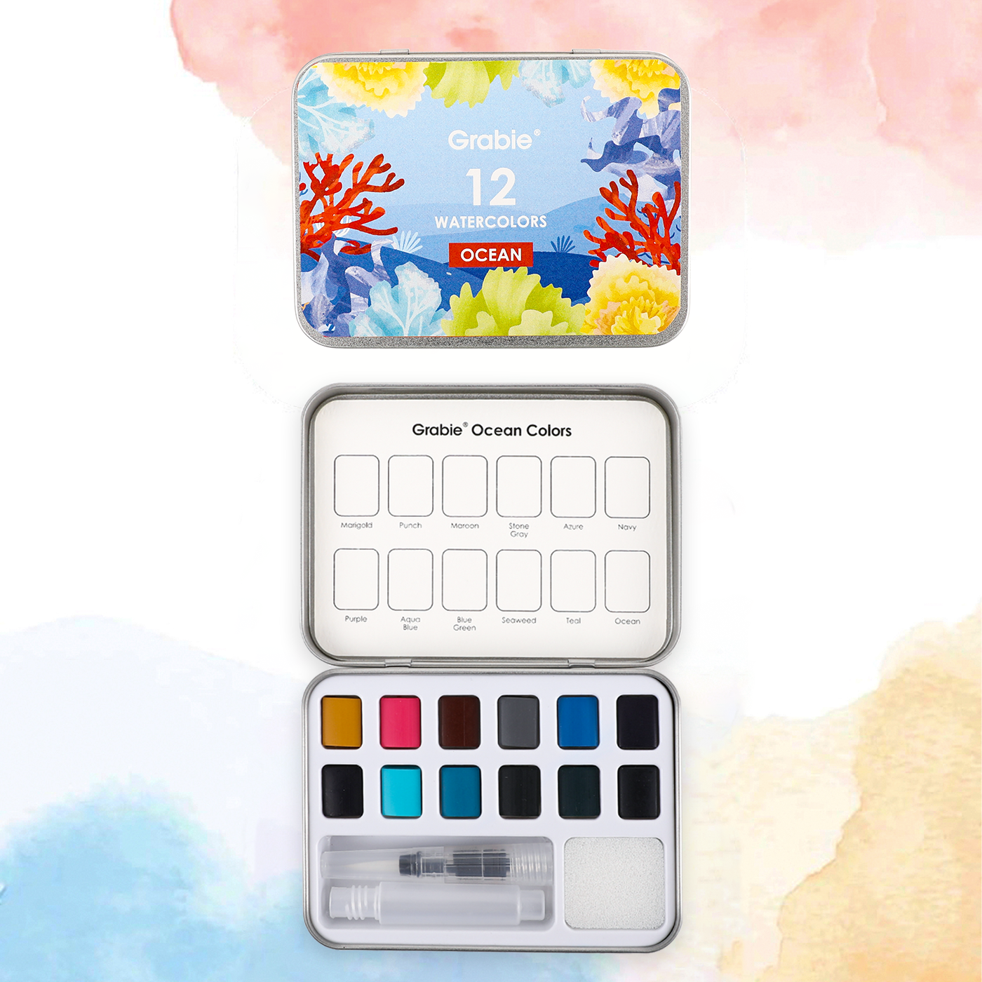 WATERCOLOR POCKET SET OF 12 WITH BRUSH - OCEAN COLORS