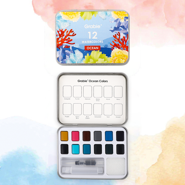 WATERCOLOR POCKET SET OF 12 WITH BRUSH - OCEAN COLORS