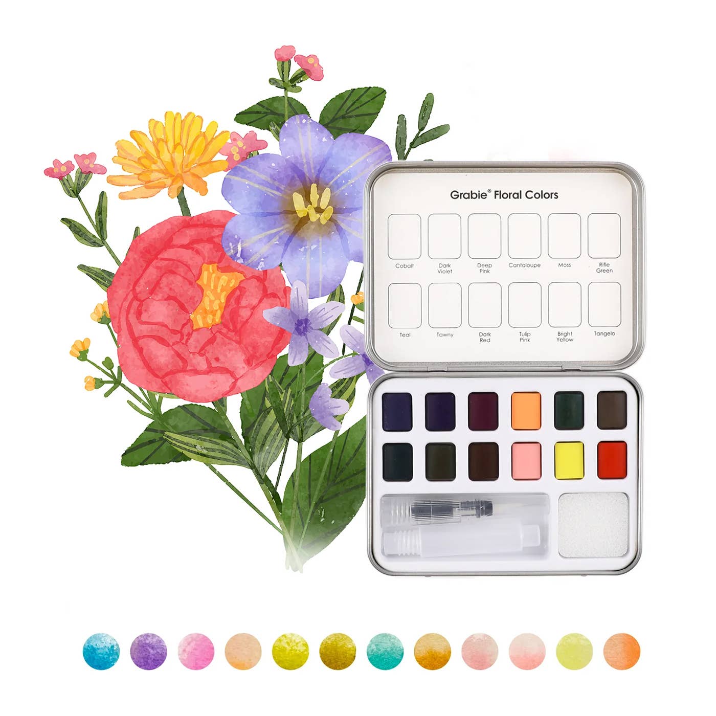 WATERCOLOR POCKET SET OF 12 WITH BRUSH - FLORAL COLORS