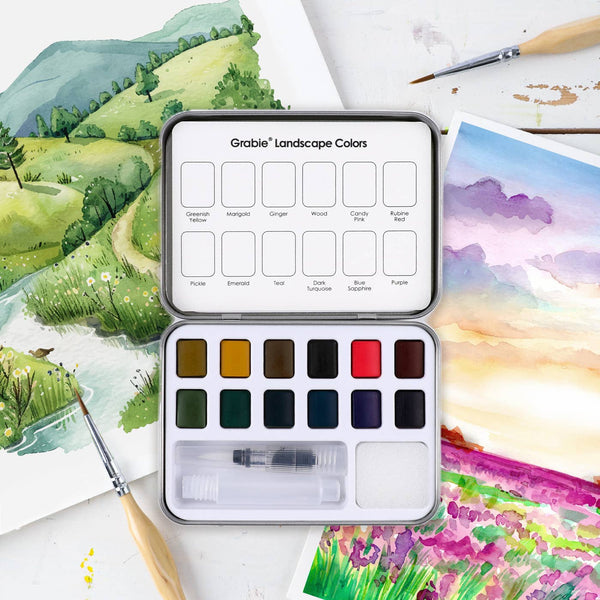 WATERCOLOR POCKET SET OF 12 WITH BRUSH - LANDSCAPE COLORS