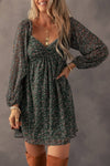 GREEN BOHO FLORAL SWEETHEART NECK MINI DRESS