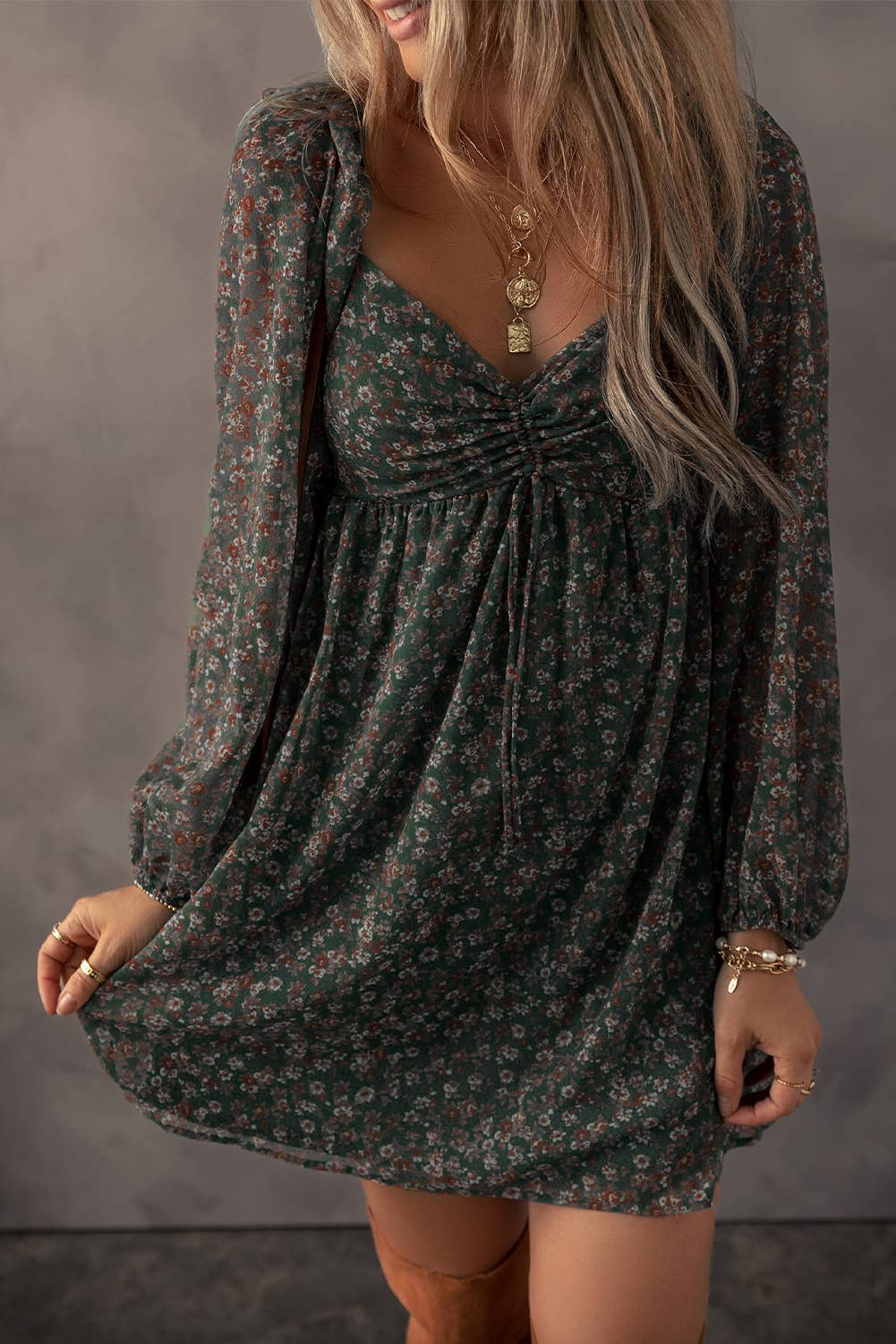 GREEN BOHO FLORAL SWEETHEART NECK MINI DRESS