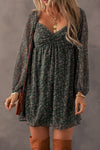 GREEN BOHO FLORAL SWEETHEART NECK MINI DRESS