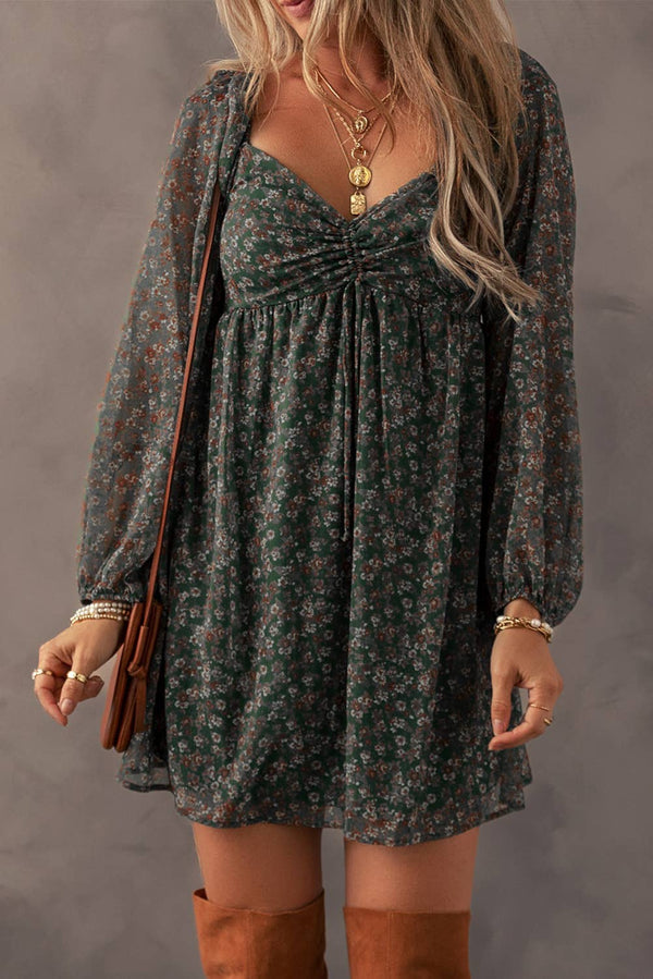GREEN BOHO FLORAL SWEETHEART NECK MINI DRESS