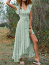 SALE-GREEN BOHEMIAN V-NECK TIE SWING HOLIDAY DRESS-SALE