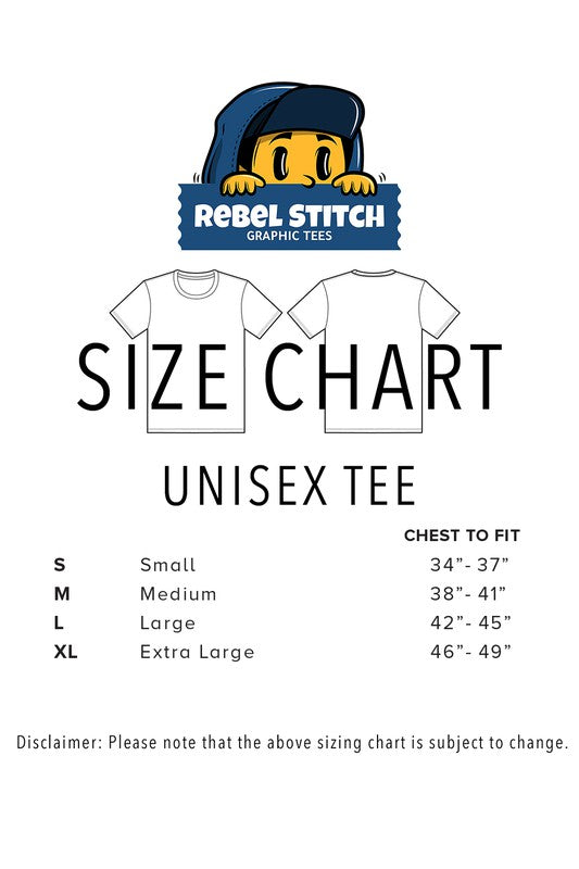 Size chart for unisex tees with Rebel Stitch logo on a white background