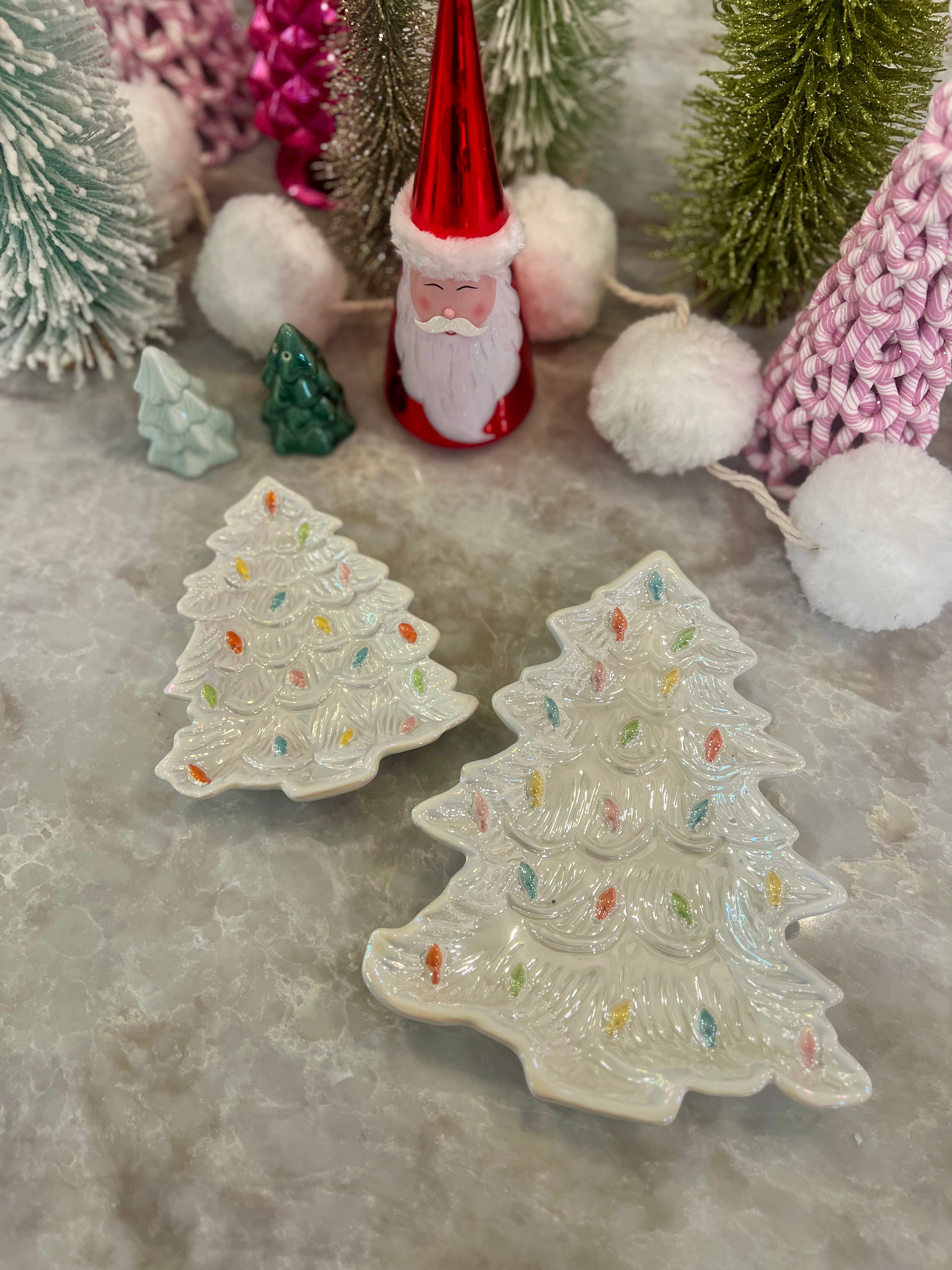 CERAMIC IRIDESCENT HOLIDAY TREE PLATE WHITE