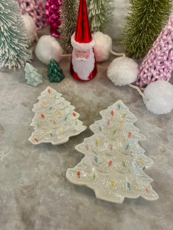 CERAMIC IRIDESCENT HOLIDAY TREE PLATE WHITE
