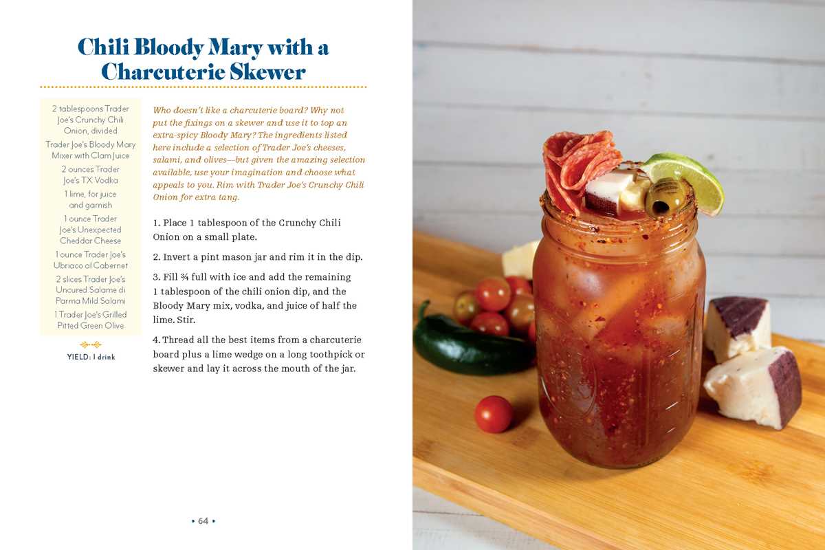 Chili Bloody Mary with a Charcuterie Skewer on a wooden board with text on the side.