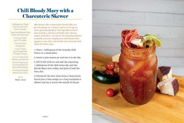 Chili Bloody Mary with a Charcuterie Skewer on a wooden board with text on the side.
