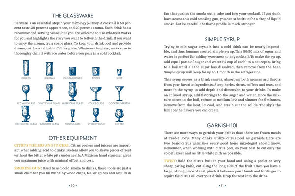 Page from a book or manual about glassware and cocktail preparation, featuring text and illustrations of various glasses.