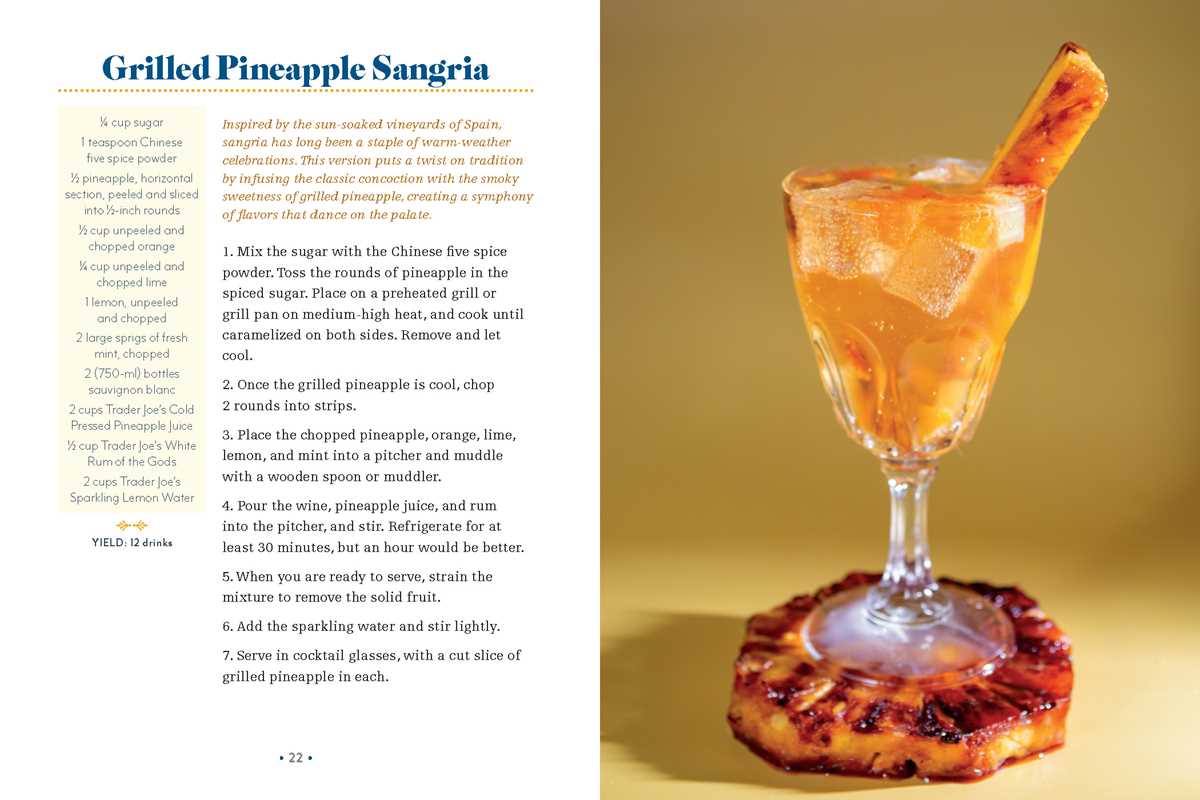 Grilled Pineapple Sangria cocktail with recipe text on a yellow background