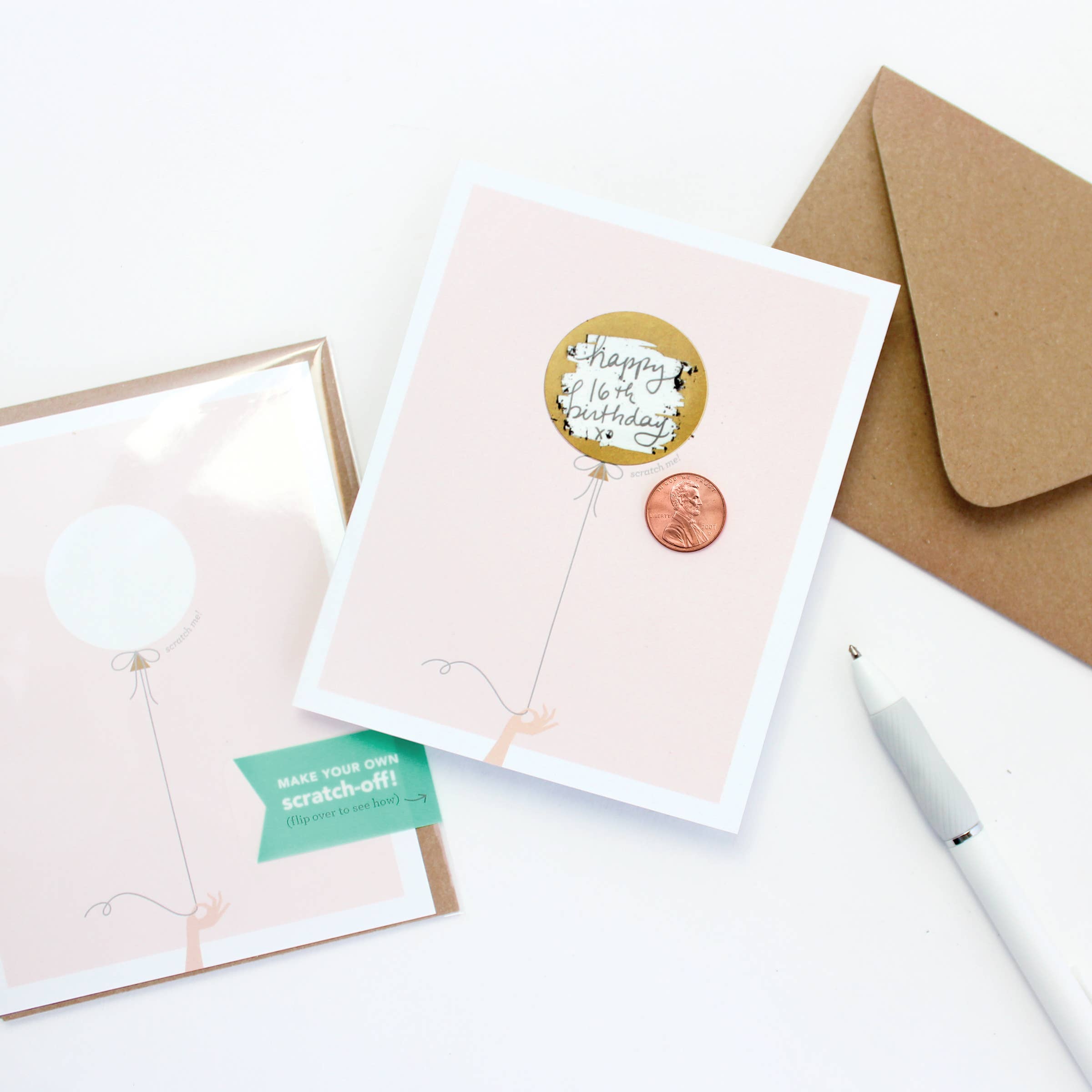 SCRATCH-OFF CARD - PINK & GOLD BALOON - BRITHDAY/EVERYTHING