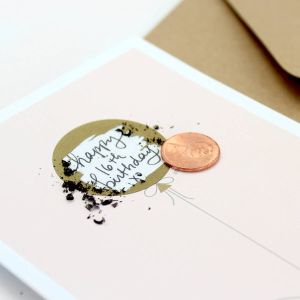 SCRATCH-OFF CARD - PINK & GOLD BALOON - BRITHDAY/EVERYTHING
