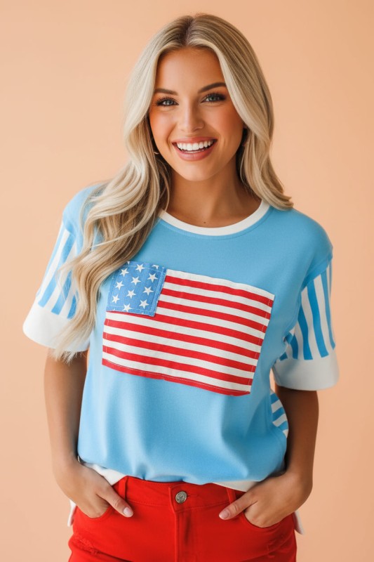 JULY 4TH FLAG STRIPE PATCHWORK COLORBLOCK T-SHIRT