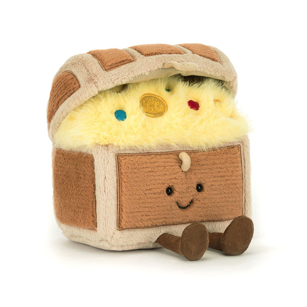 Plush toy resembling a character with a smiling face, brown and beige body, and colorful buttons on a white background.