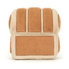 Textured cube-shaped toy with brown and beige pattern on a white background