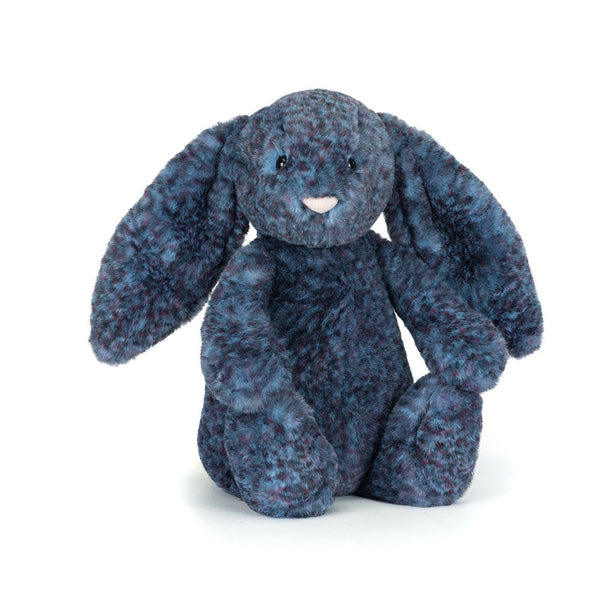 Blue plush bunny toy on a white background