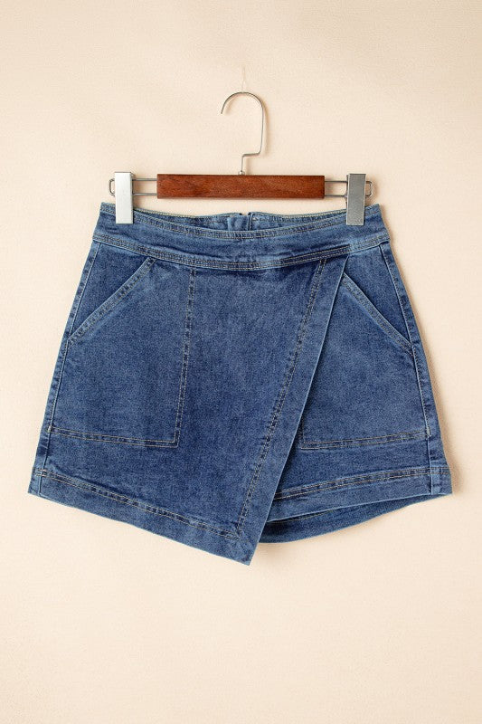 SOLID DENIM FAUX WRAP MINI SKORT