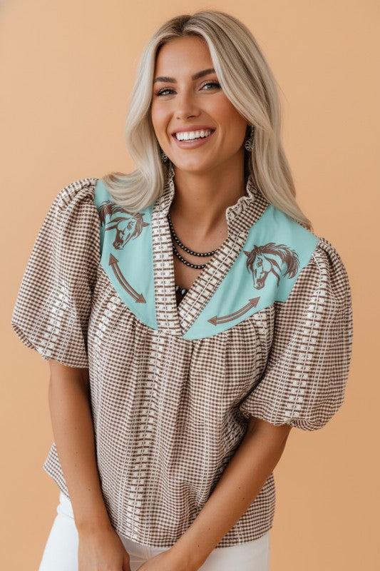 WESTERN PONY EMBROIDERED GINGHAM BLOUSE