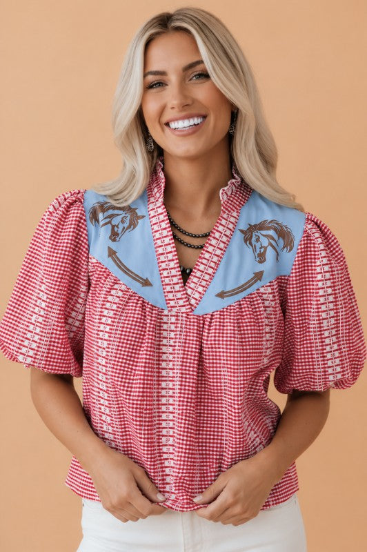 WESTERN PONY EMBROIDERED GINGHAM BLOUSE