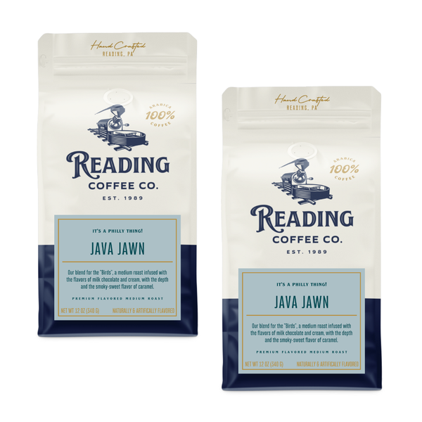 Two packages of Reading Coffee Co. Java Jawn coffee on a white background