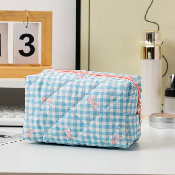 QUILTED COTTON CHECKER BOW COSMETIC BAG CHECKER BLUE