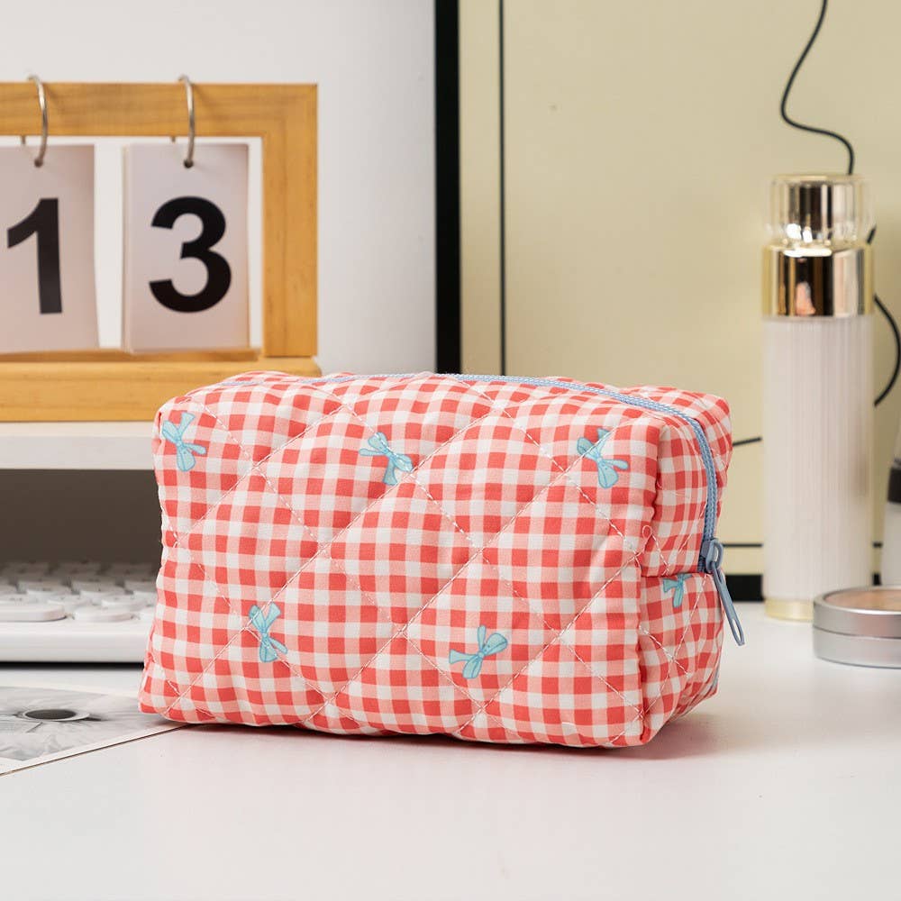 QUILTED COTTON CHECKER BOW COSMETIC BAG CHECKER RED
