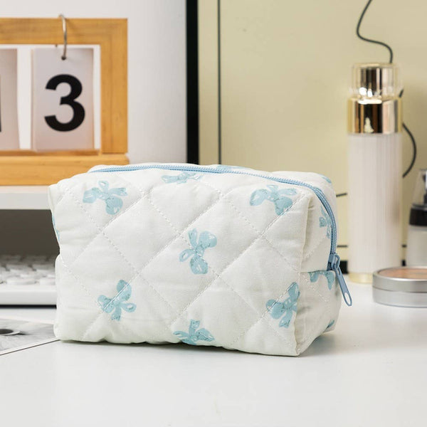 QUILTED COTTON CHECKER BOW COSMETIC BAG BOW BLUE