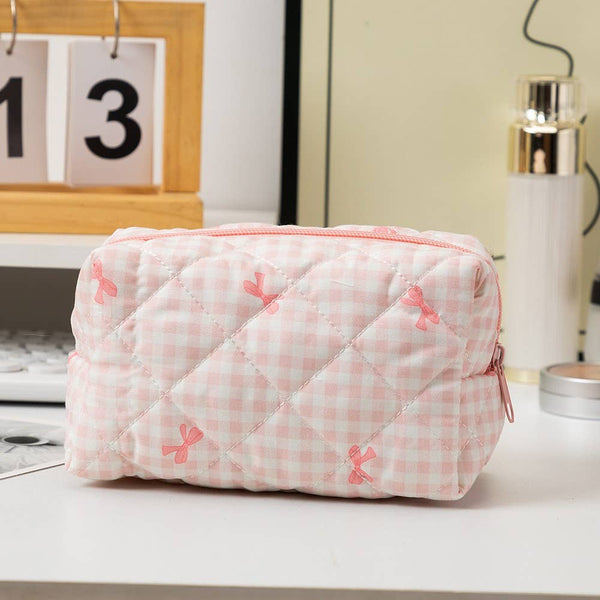 QUILTED COTTON CHECKER BOW COSMETIC BAG CHECKER PINK