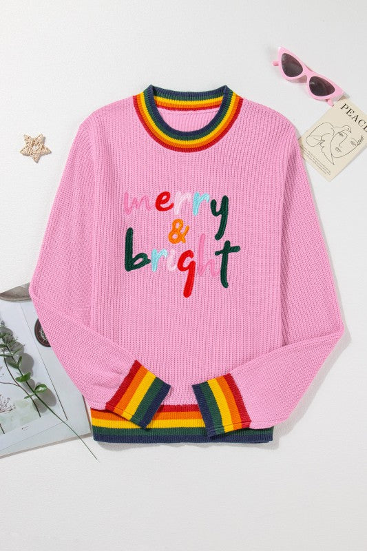 CHRISTMAS MERRY & BRIGHT STRIPE TRIM SWEATER