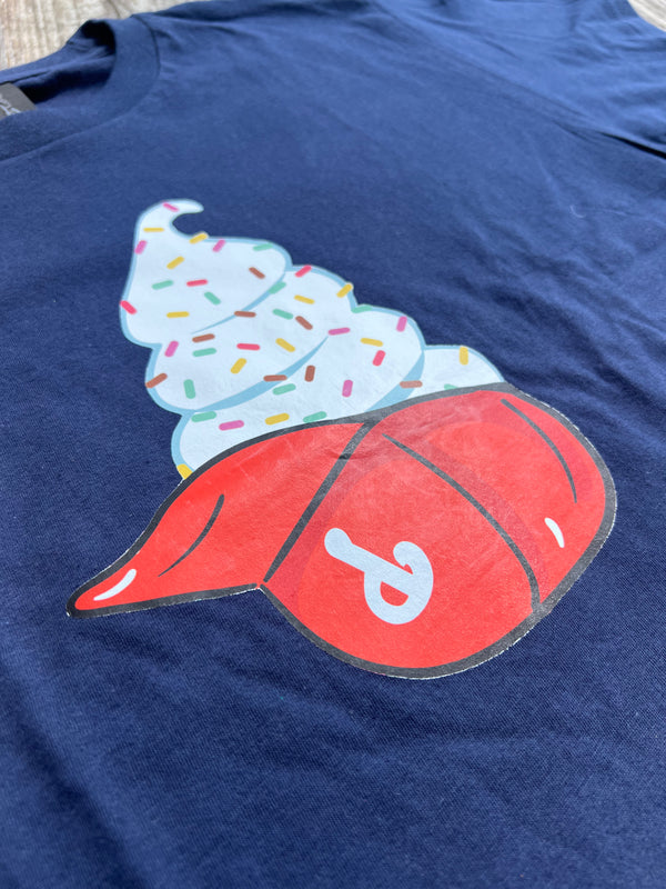 Navy blue t-shirt with a colorful ice cream cone and red baseball cap graphic.