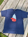 Navy blue t-shirt with a colorful graphic on a wooden surface