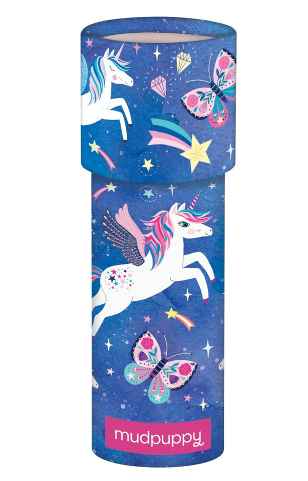 cylindrical product packaging with unicorn design and Mudpuppy branding