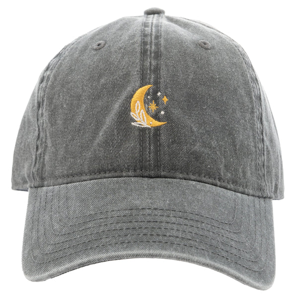Gray cap with a yellow crescent moon and star design on a white background